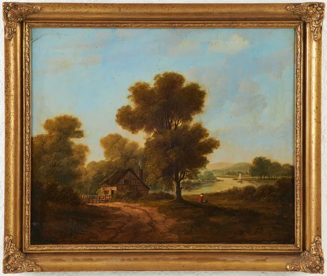OIDENTIFIERAD KONSTNÄR, England, 1800-talets andra hälft, pastoralt flodlandskap, oljemålning på duk, signerad (troligen J eller P) Watts.