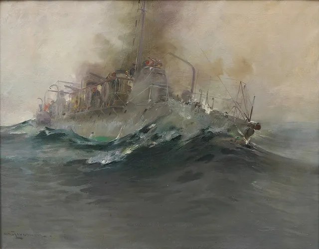 ARVID JOHANSSON (1862-1923). Krigsfartyg till havs, olja på duk, signerad.