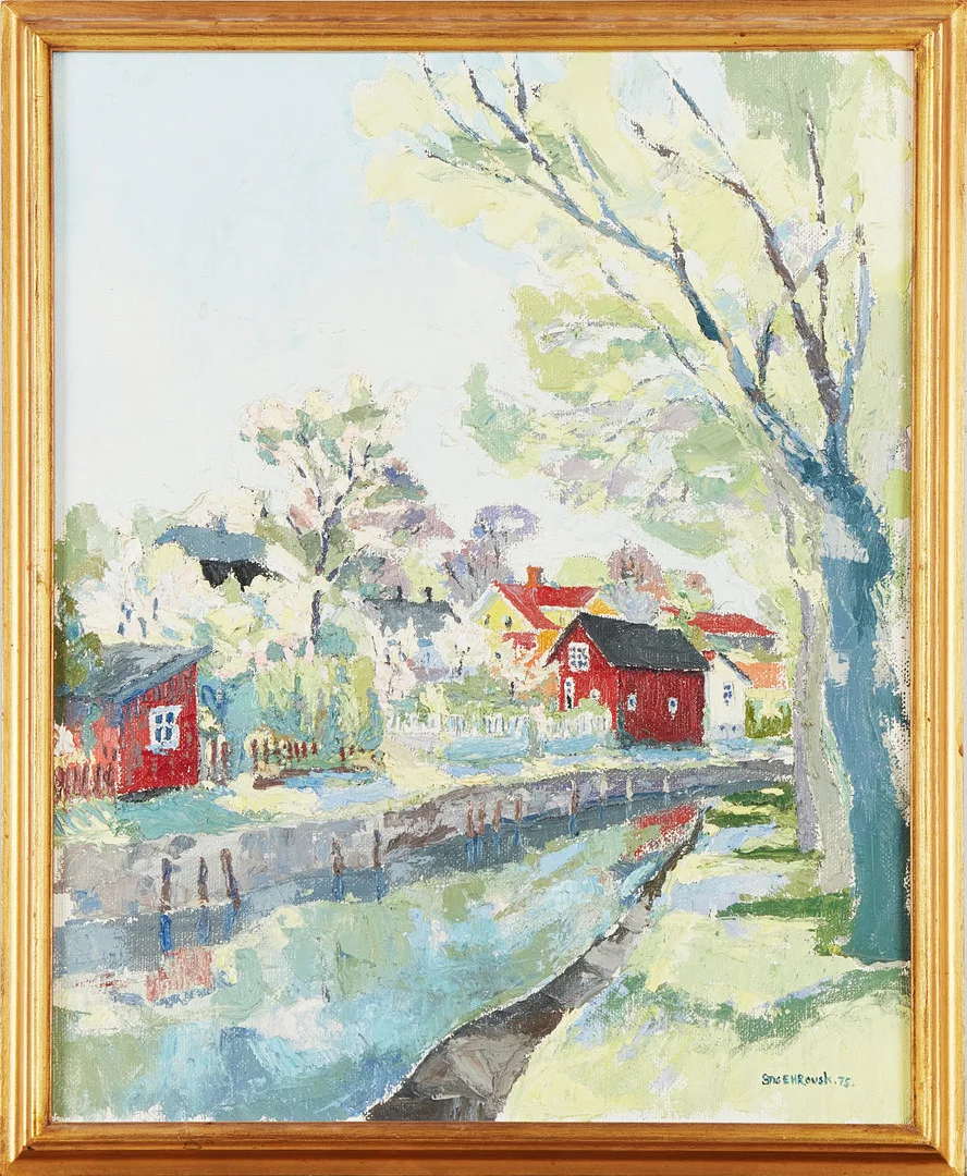 STIG EH ROUSK (FÖDD 1934). Bylandskap med å, olja på duk, signerad och daterad Stig E H Rousk 75. — Paintings — Stockholms Auktionsverk Magasin 5
