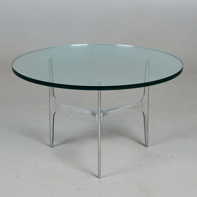 KNUT HESTERBERG. Ronald Schmitt, Couchtisch, Aluminium, Glas, 1960er Jahre, Deutschland.