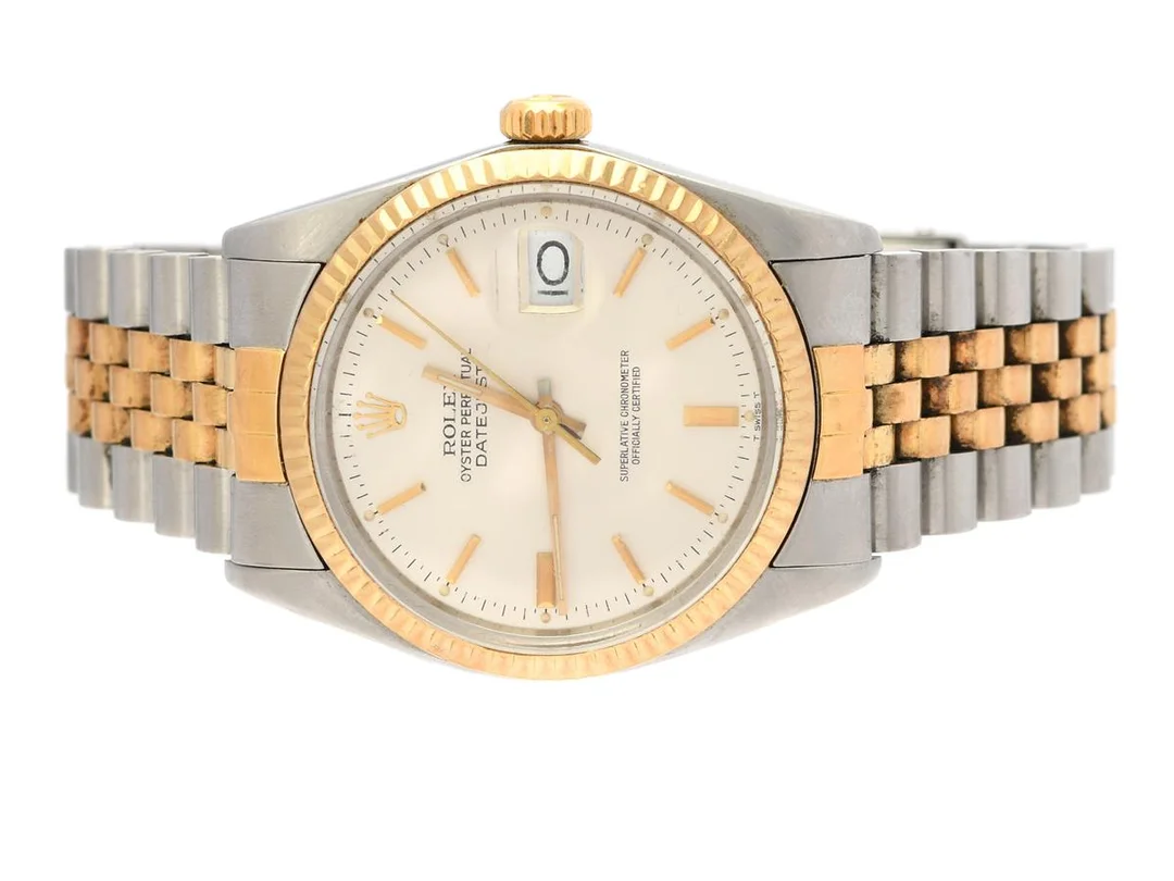 ROLEX, Oyster Perpetual, Datejust (T Swiss T), Chronometer, Ref nr. 16013, Serie nr. 7392150, Cal 3035, Verk nr. 0809519, Boett nr. 16000, herrur, 36 mm, stål/guld, automatisk, plexiglas, datum, defekt (akut servicebehov), skadad boett (porer), Jubileelänk, viklås, Ref nr. 62523-H14-E12/455, ca 1982. — Klockor/Rolex — Kaplans
