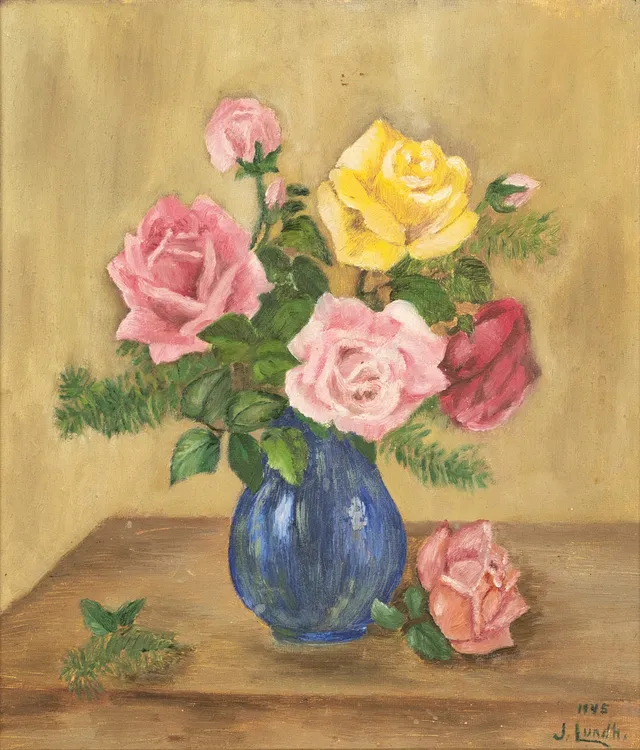 OIDENTIFIERAD KONSTNÄR. Olja på pannå, blomsterstilleben, signerad J Lundh, daterad 1945.