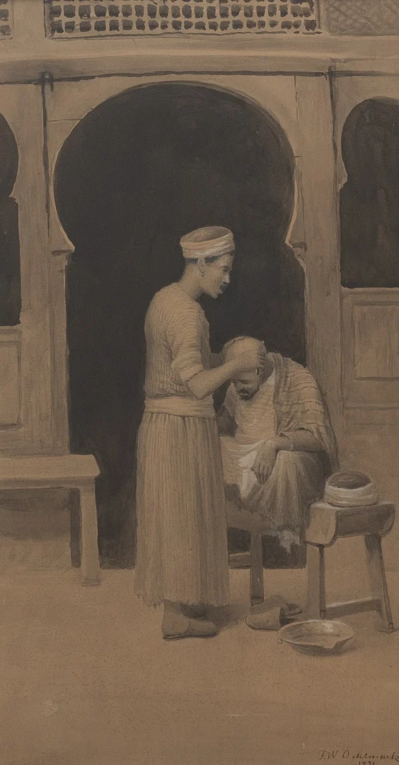 FRANS WILHELM ODELMARK. Hos frisören, blandteknik, signerad. — Engravings & Prints — Garpenhus Auktioner