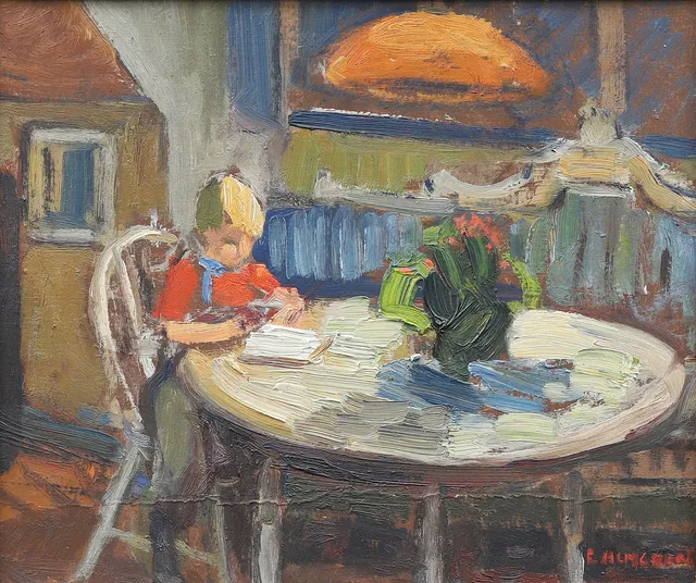 ERIK ALMGREN. Läsande pojke, olja på pannå, signerad.