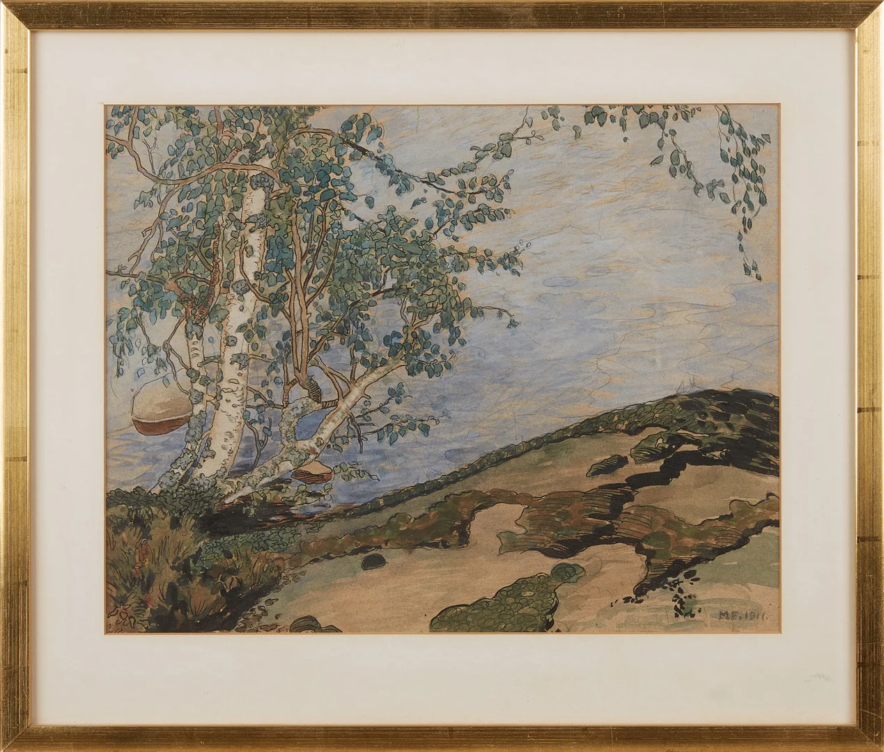 MAJA FJAESTAD (1873-1961). Kustbild med björkar, monogramsignerad och daterad MF 1911, blandteknik. — Paintings — Stockholms Auktionsverk Magasin 5