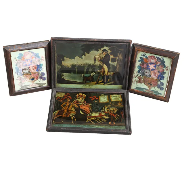 A PAIR OF FOIL & REVERSE GLASS PAINTED STILL LIFES.