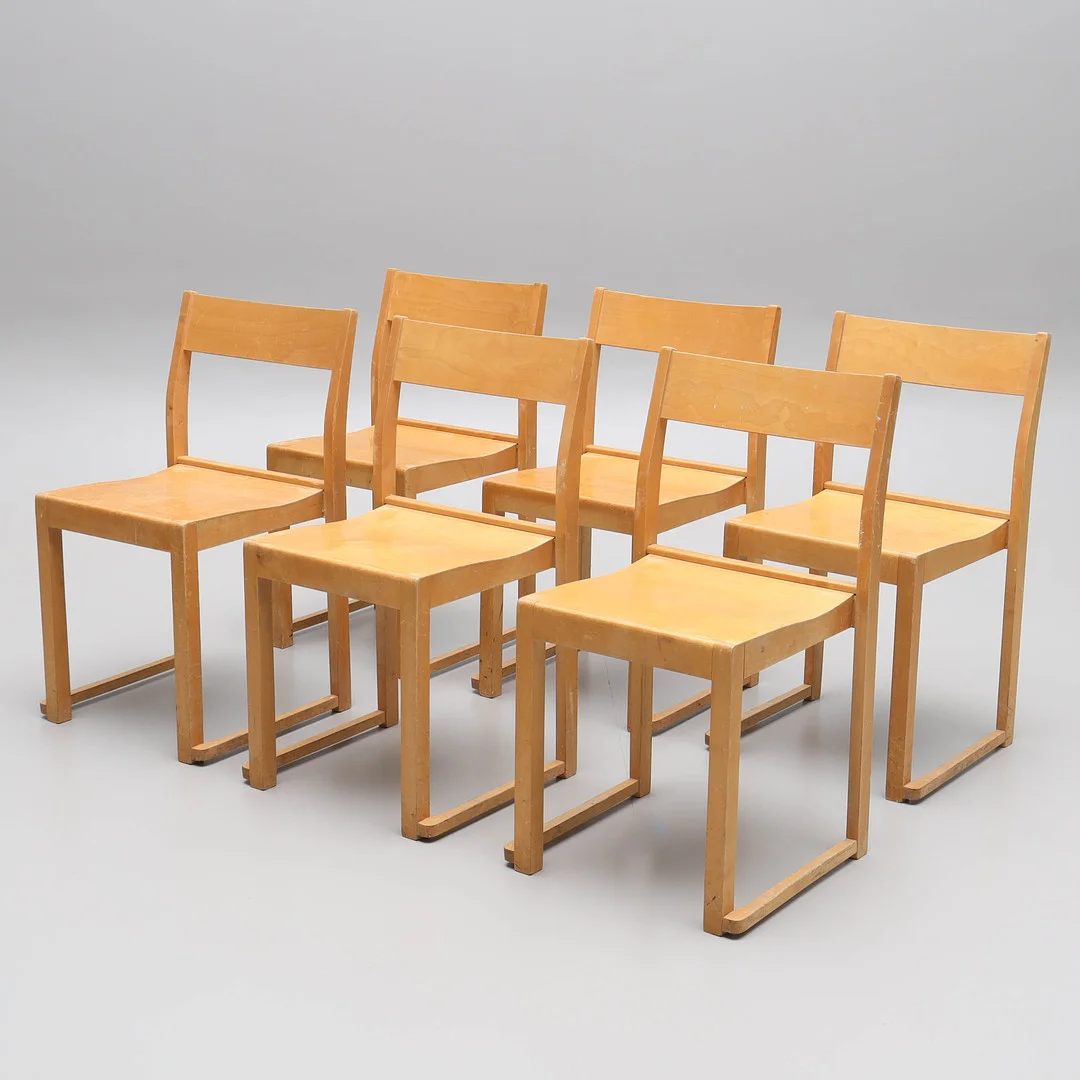 SVEN MARKELIUS. Stolar, 6 st, "Orkesterstolen", 1900-tal. — Armchairs & Chairs — Auktionsmagasinet Vänersborg