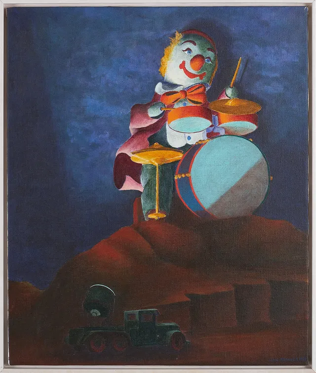 JAN MANKER. "Strålkastarbil och Clown", olja på duk, signerad samt daterad 1975.
