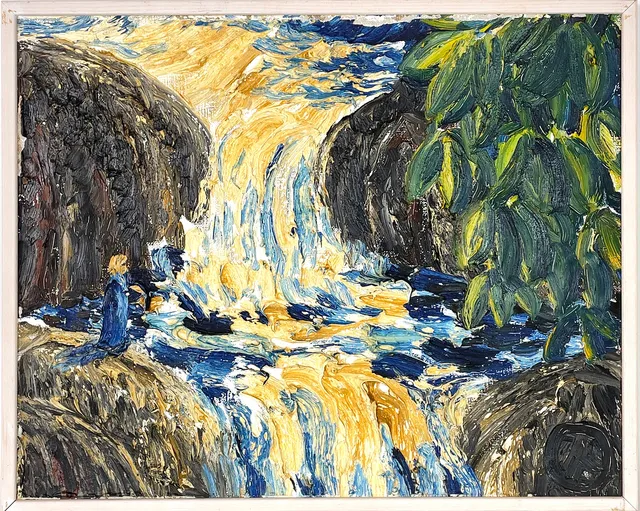 BISSE THOFELT. Olja på duk, Vattenfall, monogramsignerad.