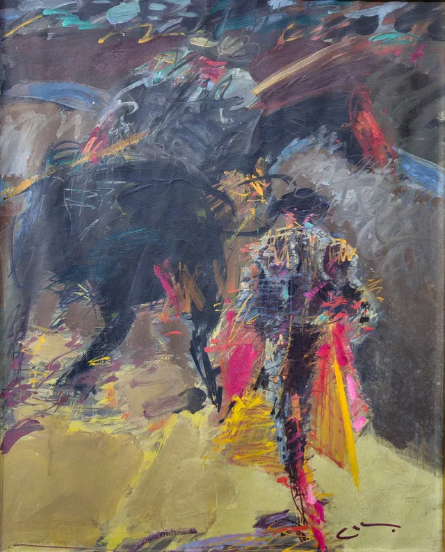 JOAN CRUSPINERA. ESCENA TAURINA. SERIE TAUROMAQUIA. ÓLEO SOBRE LIENZO.