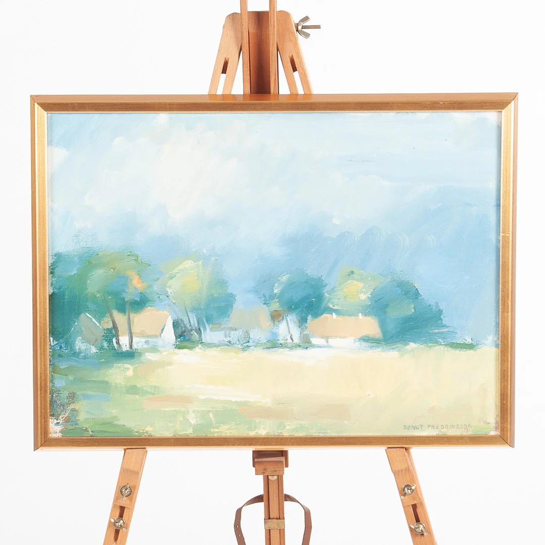 BENGT FREDRIKSSON. Olja på duk, Landskap med hus, Signerad. — Paintings — Laholms Auktionskammare