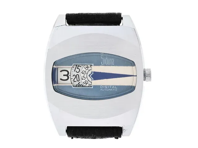 SIDUNA, Digital, herrur, 36 mm, Cal PUW 1560 D, vitmetall, automatisk, plexiglas, läderband, ca 1970.