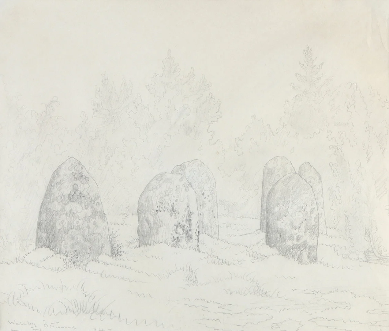 OLOF THUNMAN (1879-1944). Blyertsteckning. Signerad och daterad -42. Motiv av stensättning, Wallby. — Drawings — Skånes Auktionsverk