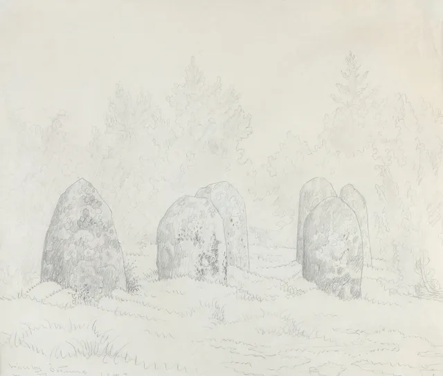 OLOF THUNMAN (1879-1944). Blyertsteckning. Signerad och daterad -42. Motiv av stensättning, Wallby.