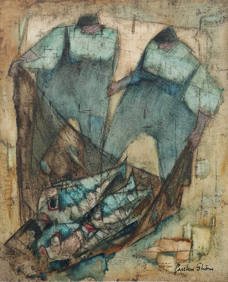 CARSTEN STRÖM. "Två fiskare med fångst", olja på pannå, signerad. — Paintings — Garpenhus Auktioner