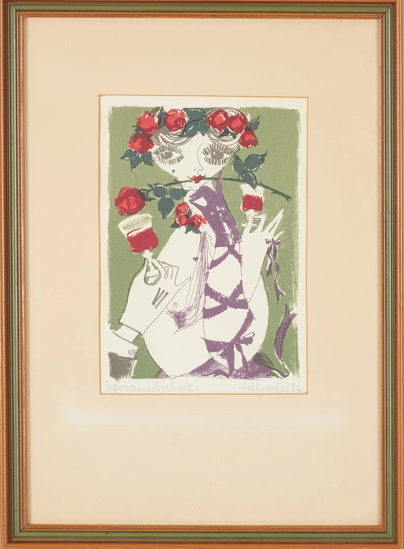 SILVIA LEITU. Kvinna med ros, litografi, signerad och numrerad epreuve d' artiste. — Engravings & Prints — Stockholms Auktionsverk Sickla