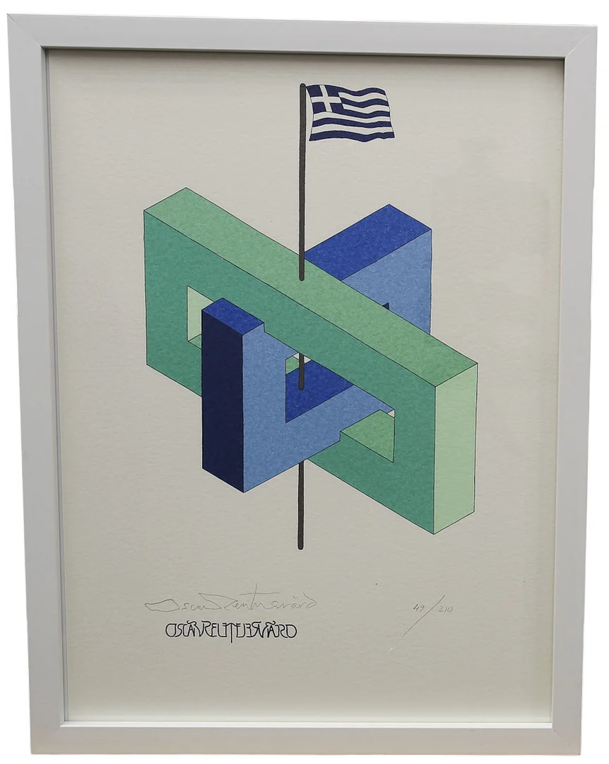 OSCAR REUTERSVÄRD. Färglitografi ur mappen "Fifteen European Impossible Figures". Grekland, numrerad 52/210, signerad. — Engravings & Prints — Limhamns Auktionsbyrå