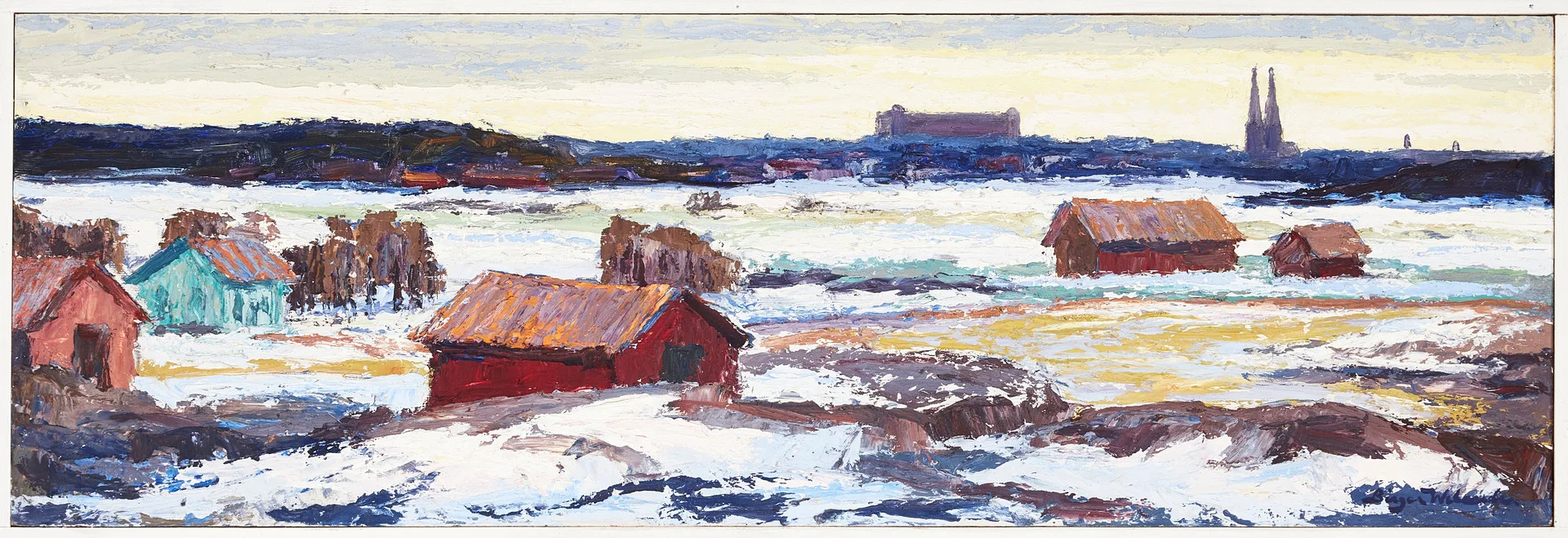 BIRGER WELANDER (1916-1985). Motiv med Uppsala i bakgrunden, olja på panåå. — Paintings — Stockholms Auktionsverk Sickla
