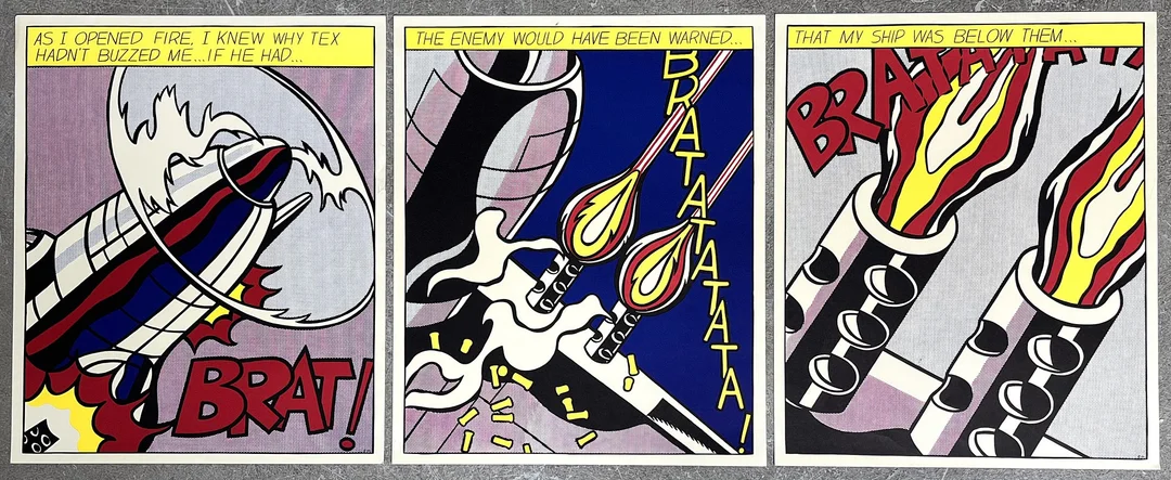 ROY LICHTENSTEIN. NACH. Druck nach dem Originalwerk-Triptychon von ROY LICHTENSTEIN " AS I OPENED FIRE " von 1964, Edition STEDELIJK MUSEUM AMSTERDAM. — Engravings & Prints — Stockholms Auktionsverk Düsseldorf/Neuss
