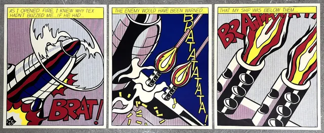 ROY LICHTENSTEIN. NACH. Druck nach dem Originalwerk-Triptychon von ROY LICHTENSTEIN " AS I OPENED FIRE " von 1964, Edition STEDELIJK MUSEUM AMSTERDAM.