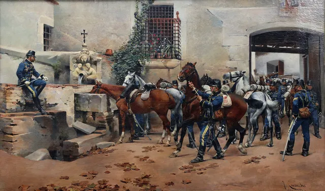 JOSEP CUSACHS. Militares con caballos “El abrevadero”.
