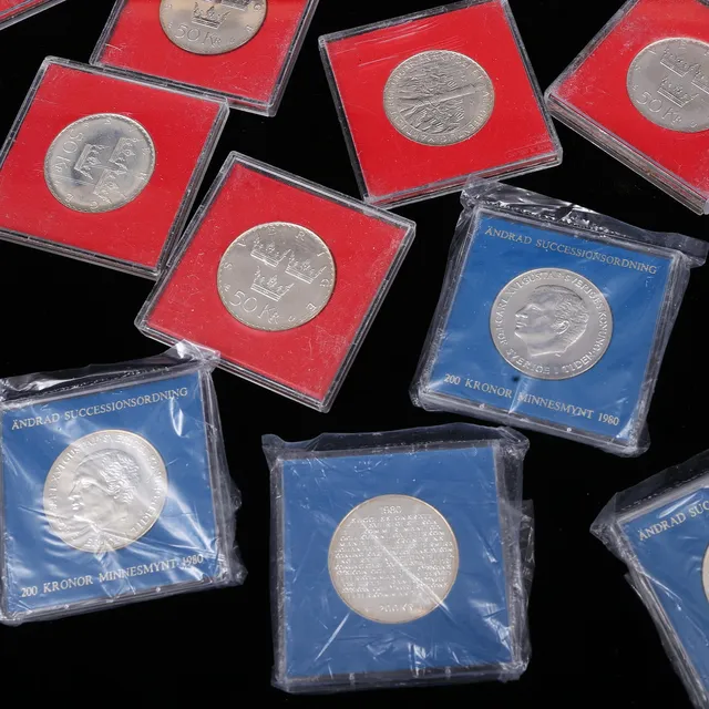 MYNT/MINNESMYNT, 26 st, sterlingsilver, total vikt med etuier ca 1212 gram.