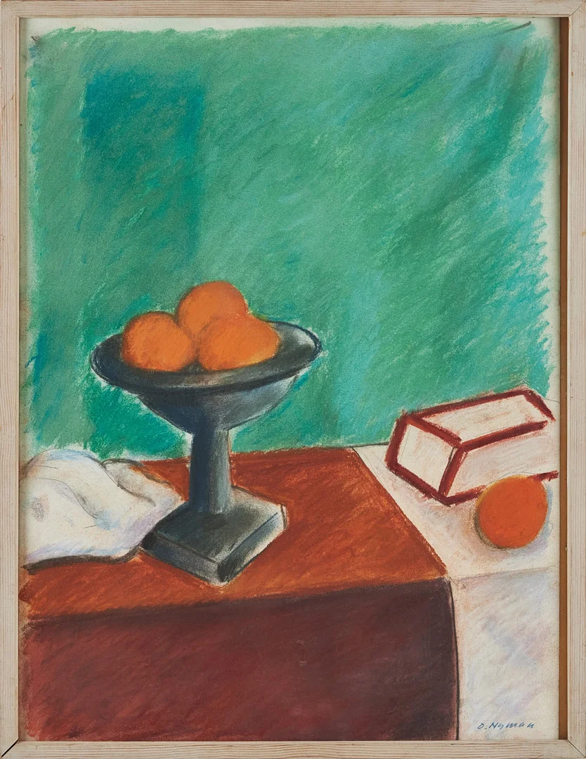 OLLE NYMAN. Stilleben med fruktfat, blyerts och pastell på papper, signerad O. Nyman. — Paintings — Stockholms Auktionsverk Magasin 5