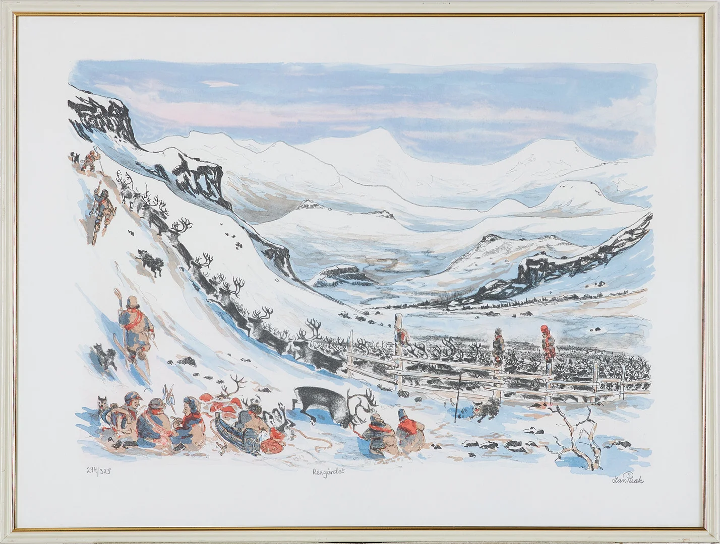LARS PIRAK. "Rengärdet", färglitografi, signerad Lars Pirak, numrerad: 294/325. — Engravings & Prints — Stockholms Auktionsverk Magasin 5