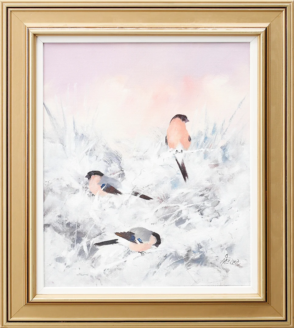 PER ÅKERED. Fåglar i vinterlandskap, olja på duk, signerad Åkered. — Paintings — Garpenhus Auktioner