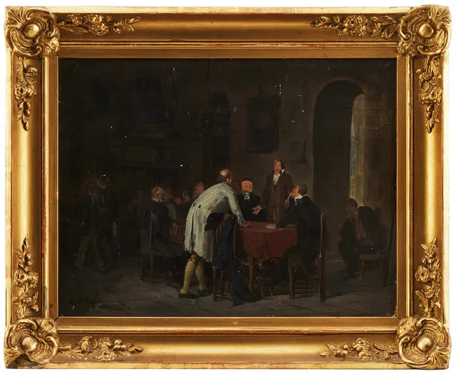 AXEL KULLE (1846 - 1908). Förstudie till målningen Kyrkoråd på landet, olja på duk lagd på pannå, signerad två gånger Axel Kulle.
