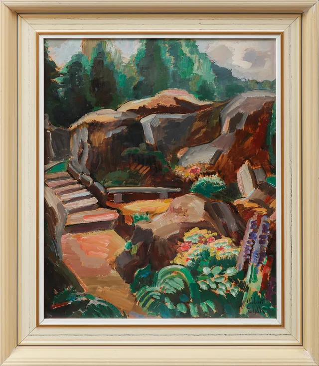 ALBERT ELDH. "Botaniska trädgården", olja på pannå, signerad.
