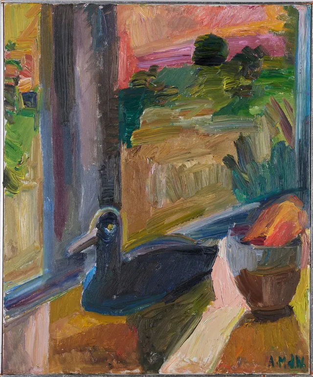 ASTRID MUNTHE DE WOLFE. (f. 1926) olja på duk, stilleben i fönster, signerad.