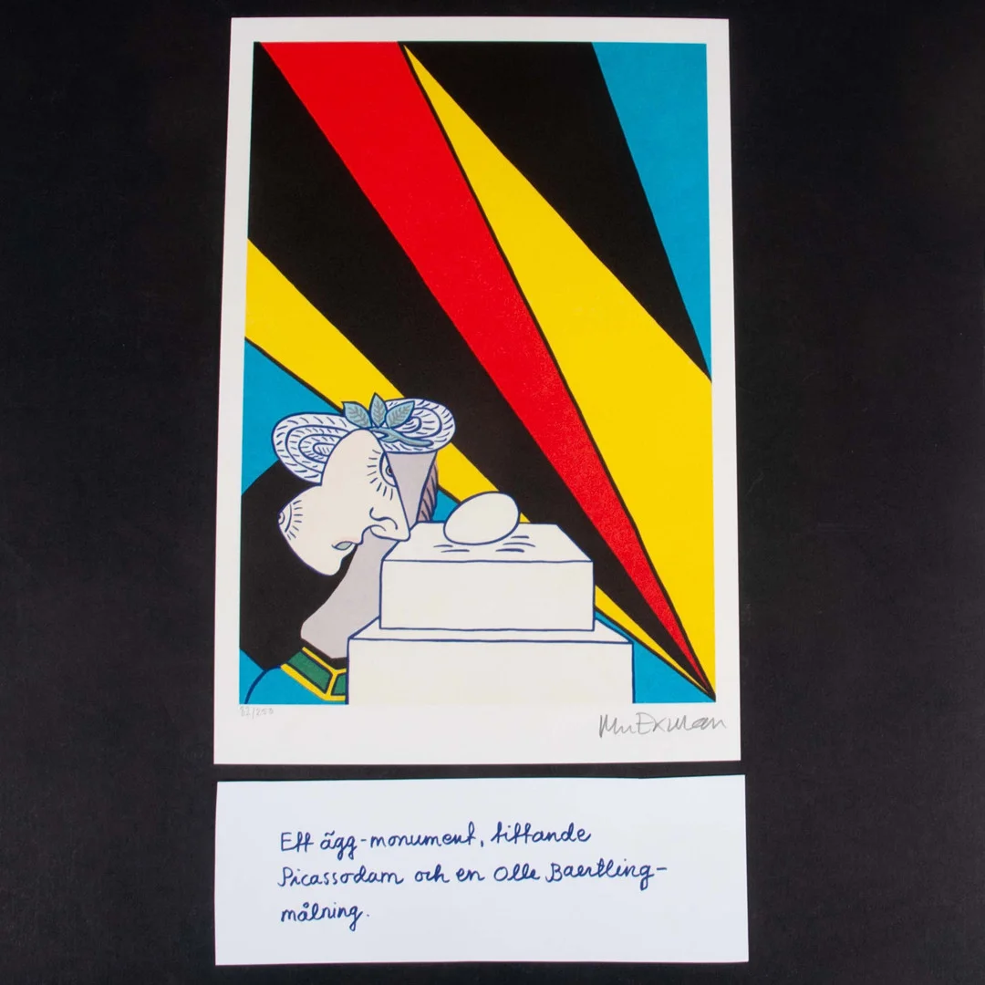 MARIE LOUISE EKMAN. Färglitografi "Ett ägg-monument, tittande Picassodam och en Olle Baertling-målning" signerad 82/250. — Engravings & Prints — Laholms Auktionskammare