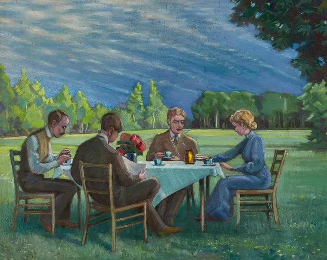 PER FISCHER (1877-1974), "Eftermiddagskaffe framför stugan" - i Festa, monogramsignerad och daterad 10, olja på pannå.