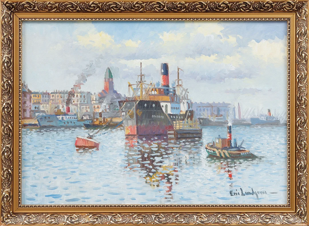 ERIC LUNDGREN. Göteborgs hamn, olja på duk, signerad. — Paintings — Göteborgs Auktionsverk