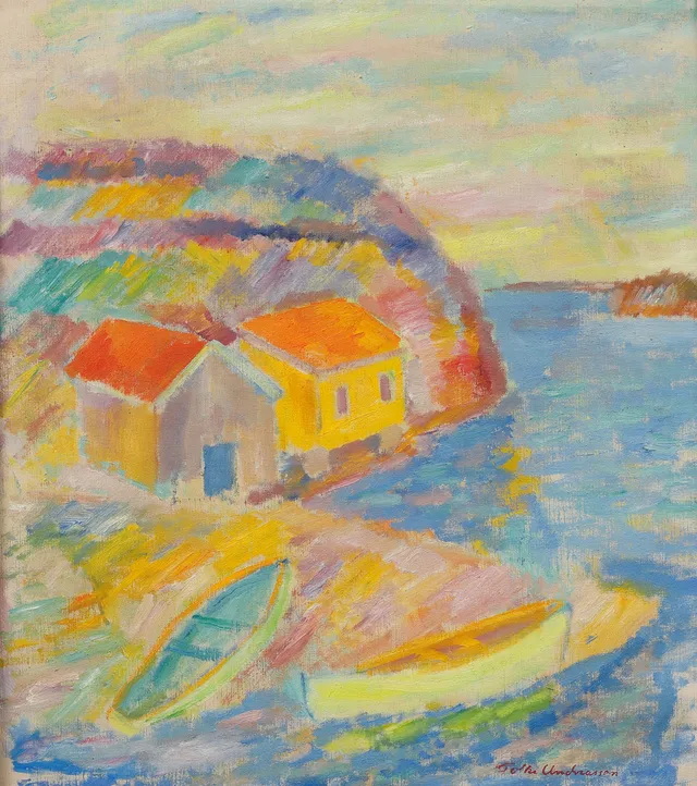 FOLKE ANDRÉASSON. Hus och båtar vid havsvik. Olja på duk.