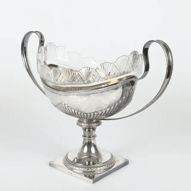 JARDINJÄR, nysilver med glasinsats, tidigt 1900-tal.