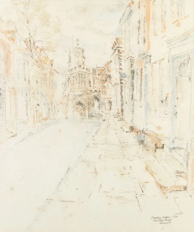 TIMOTHY CRAVEN (BRITISH 20TH CENTURY), THE HIGH STREET, WARWICK, PASTEL ON PAPER, OCTOBER 1984.