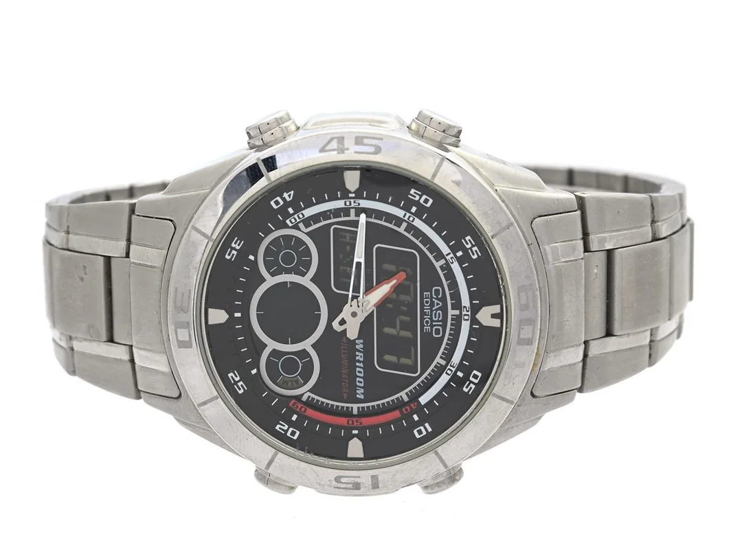 CASIO, Edifice, Boett nr. EFA-115, herrur, 43 mm, stål, analog/digital, quartz, mineralglas, originallänk, ca 2005. — Klockor/Casio — Kaplans
