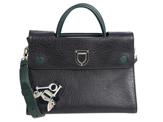DIOR, VÄSKA, Diorever Two Way, mörkblått, grönt läder, guldfärgade beslag, 29x20x14 cm, care booklet, cert år 2016, axelrem, dustbag. Good Condition.