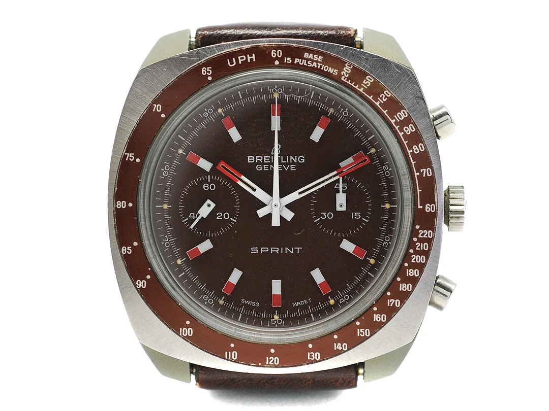 BREITLING, Geneve, Sprint, "Pulsations", Cal Valjoux 7730, Ref nr. 2016, kronograf, herrur, 40 mm, glasfiber/stål, manuell, plexiglas, skadad urtavla (8/10), läderband, ca 1972. — Klockor/Breitling — Kaplans