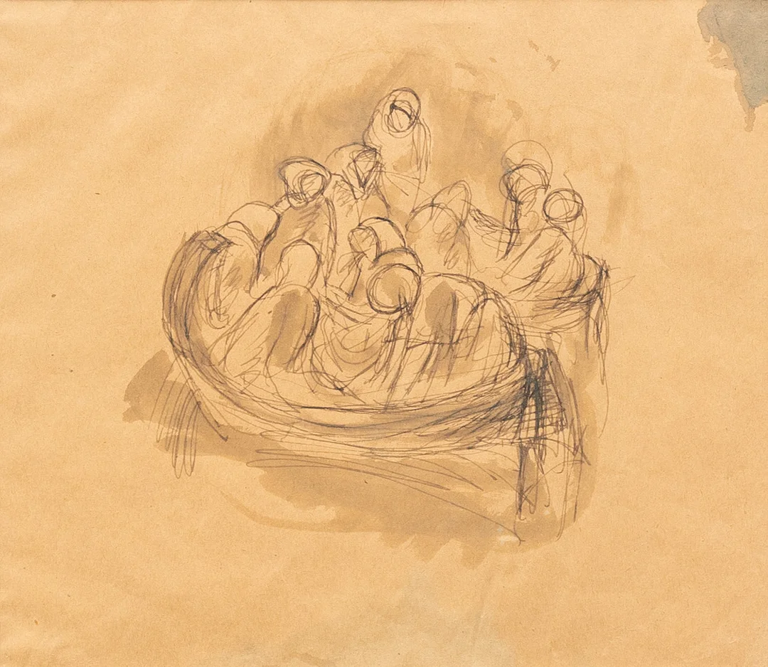 ESTER ALMQVIST. TILLSKRIVEN. Estandsflyktingar, akvarell, osignerad. — Paintings — Garpenhus Auktioner