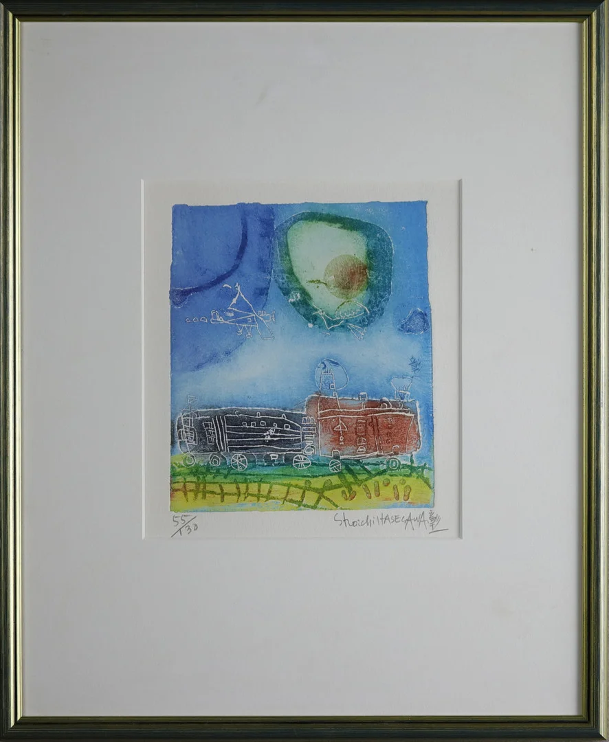 SHOICHI HASEGAWA. Färglitografi 55/130, naivistiskt motiv, signerad. — Paintings — Höganäs Auktionsverk