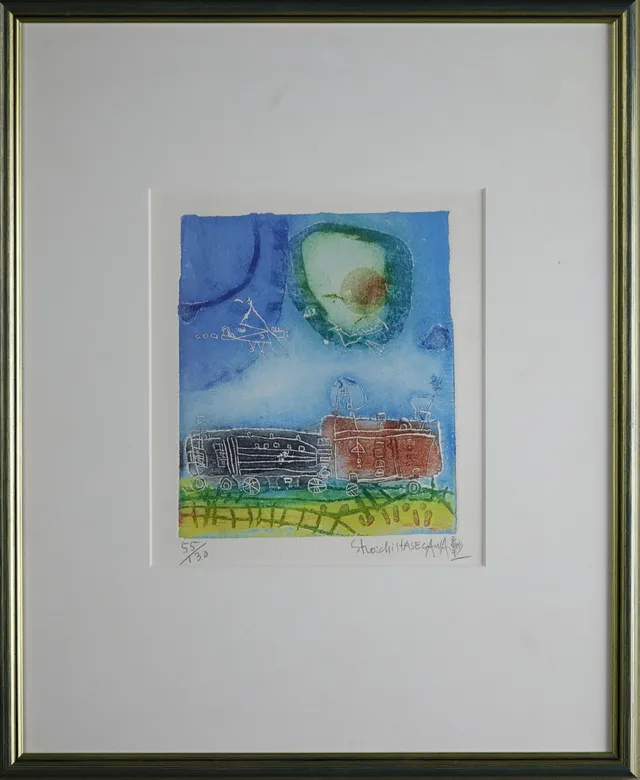SHOICHI HASEGAWA. Färglitografi 55/130, naivistiskt motiv, signerad.