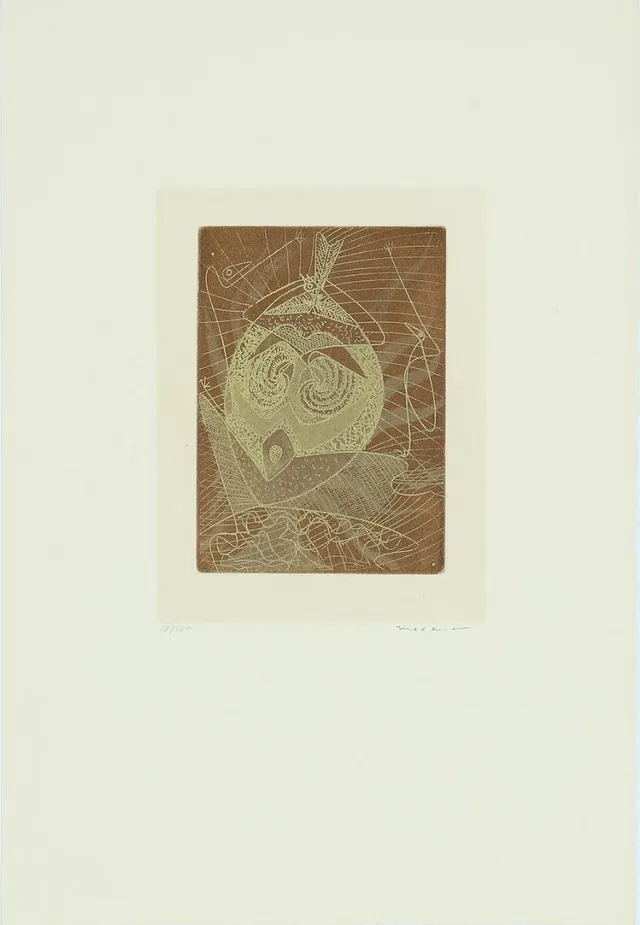 “Masque”, 1950. Signed Max Ernst. 18/100. Published by Edition Georges Visat, Paris. Etching in colours. Sheet size 48×33 cm.
