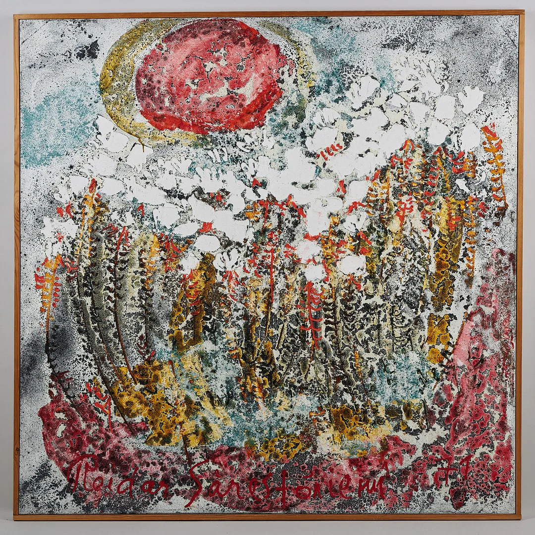 REIDAR SÄRESTÖNIEMI. Red sun and Labrador Tea, signed and dated -71, oil on canvas. — Paintings — Stockholms Auktionsverk Helsinki