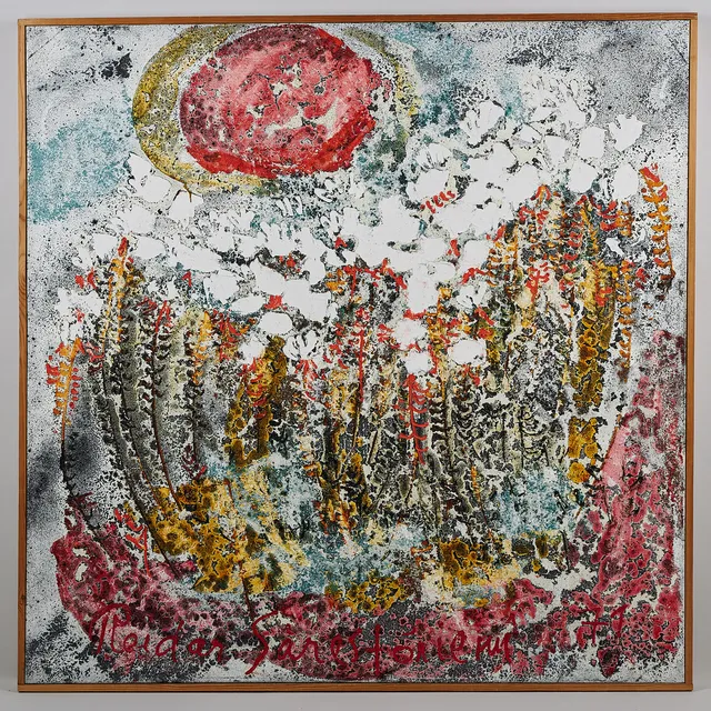 REIDAR SÄRESTÖNIEMI. Red sun and Labrador Tea, signed and dated -71, oil on canvas.