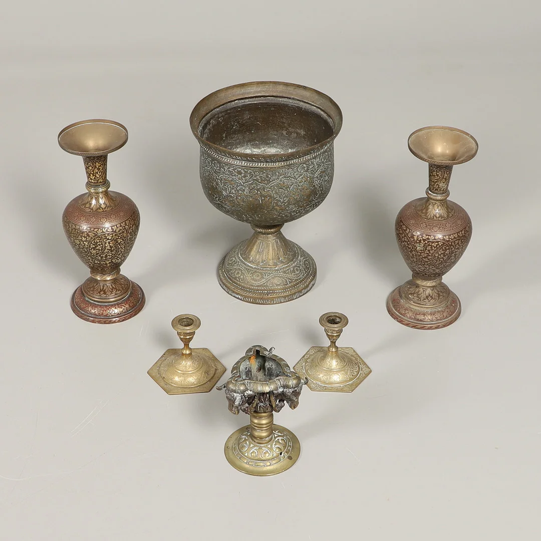 SIX EASTERN STYLE BRASS ITEMS. — Pewter, Brass & Copper — Lawrences Auctioneers