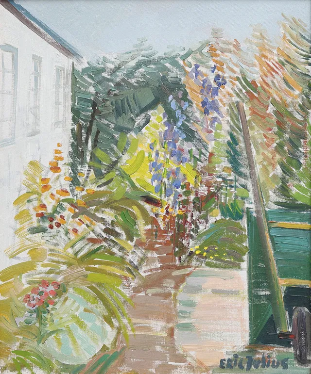 ERIC JULIUS. "I TRÄDGÅRDEN", OLJA PÅ DUK, SIGNERAD OCH DATERAD 1969.