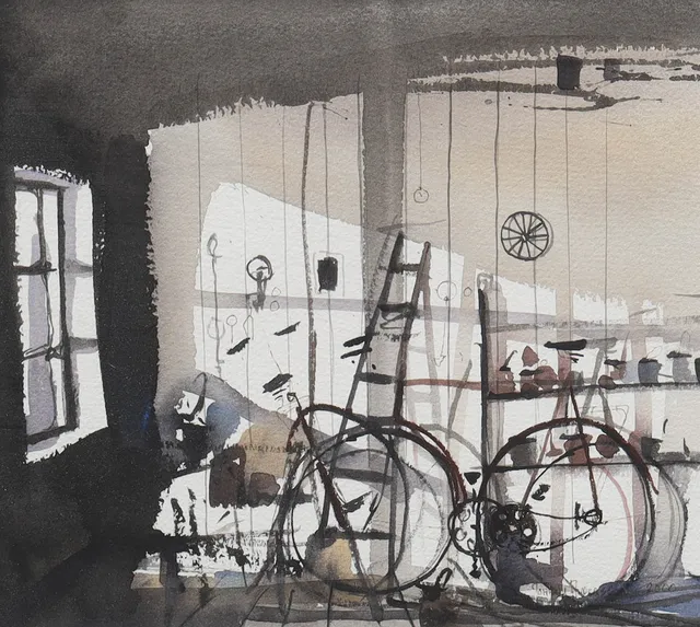 JOHNNY ANDERSSON. akvarell, garage med cykel i solsken, signerad, daterad 2000.